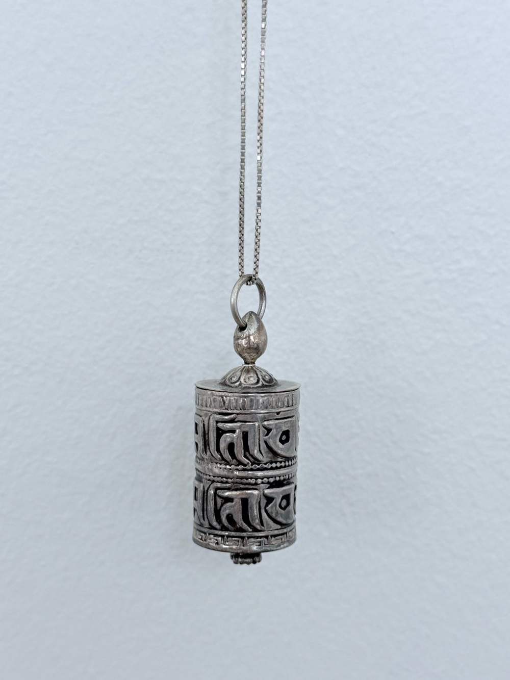 Sterling Silver Tibetan Prayer Wheel Pendant Necklace - Silver